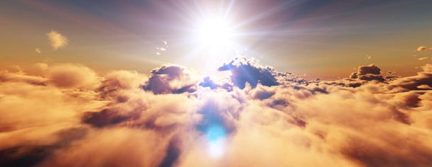 arriba las nubes vuelan la ilustración del rayo del sol del atardecer, 3d rinden - Foto, imagen