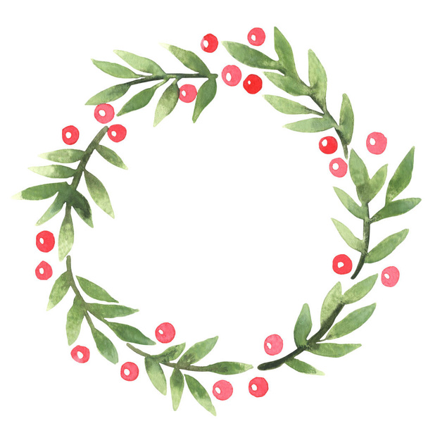Feuilles vertes et couronne de baies rouges aquarelle de baies pour la décoration pendant les vacances de Noël. - Photo, image