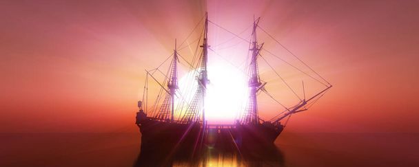 vieux navire coucher de soleil en mer 3d rendu illustration - Photo, image