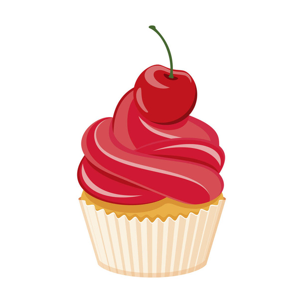 Magdalena rosa con cereza en el icono superior vector. Crema cereza cupcake vector icono aislado sobre un fondo blanco - Vector, Imagen