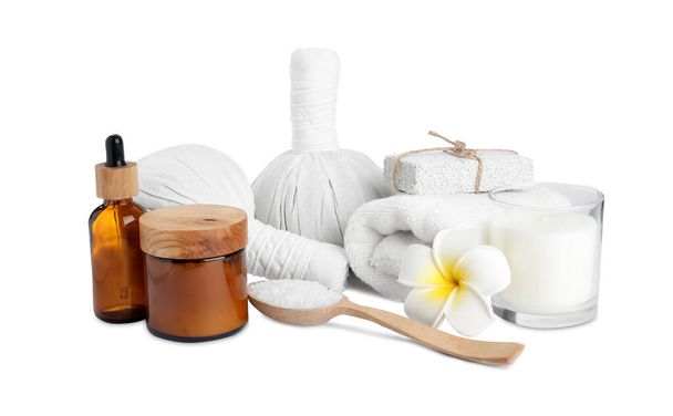 Beautiful spa composition with different care products isolated on white - Foto, Bild