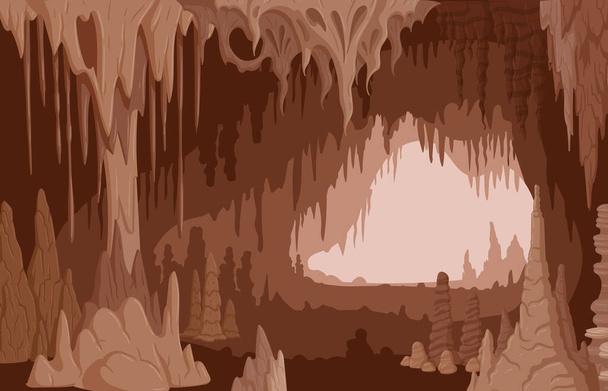 Sarjakuva luola, luonto kalkkikivi tippukivet ja stalagmiitit. Geologia mineraalimuodostumia, kasvu luonnon kiviä tasainen vektori kuva. Luolan kalkkikivimuodostelmat näkymä - Vektori, kuva
