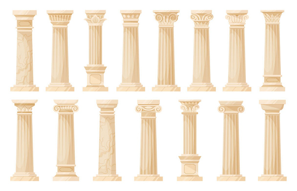 Cartoontempel antike Säulen, griechische Cartoonsäulen. Korinthische, ionische und dorische Ornamente, antike Kolonnadendekoration, Sammlung flacher Vektorillustrationen. Antike griechische Säulen gesetzt - Vektor, Bild