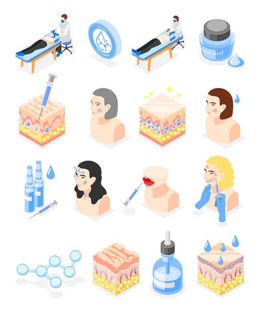 Hyaluronic acid isometric icons collection with isolated female characters skin structure patterns syringe vials and doctors vector illustration - Vector, Image