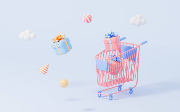 Bevásárlókosár és ajándékok kék háttérrel, rajzfilm vásárlási téma, 3D renderelés. Digitális rajz. - Fotó, kép