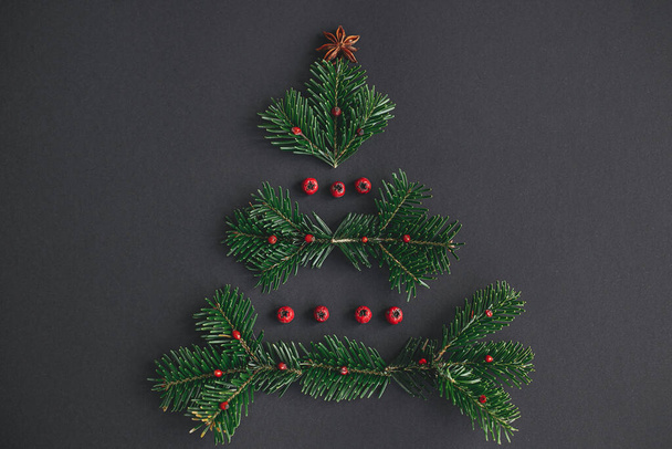 Christmas tree, winter holidays concept. Stylish christmas tree made of fir branches, red berries and anise star on black background, flat lay. Creative idea. Modern festive banner - 写真・画像