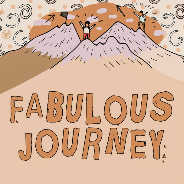 Escrevendo exibindo texto Fabulous Journey, Business se aproximar da campanha que você muito gosta ou acha que é bom Mensagem apresentada por baixo de homens caminhadas no topo das montanhas com neve. - Foto, Imagem