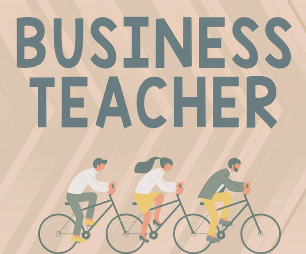 Знак отображения бизнес-учитель, бизнес-обзор нового бизнеса, который формируется с планом и ожидать получить три коллеги езда на велосипеде представляет успешную командную работу. - Фото, изображение