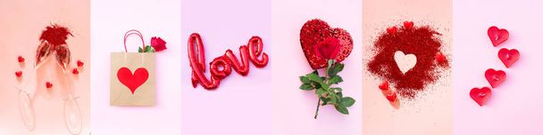 Valentines day web banner background, with rose, gift box, love sign and hearts, holiday festive header background - Foto, imagen
