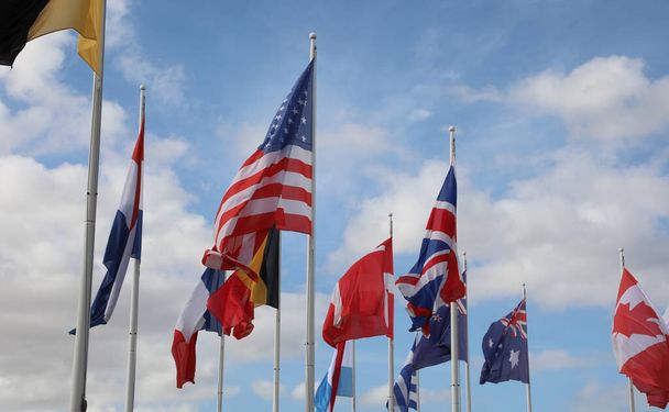 wiele międzynarodowych flag powiewających podczas międzynarodowego spotkania - Zdjęcie, obraz