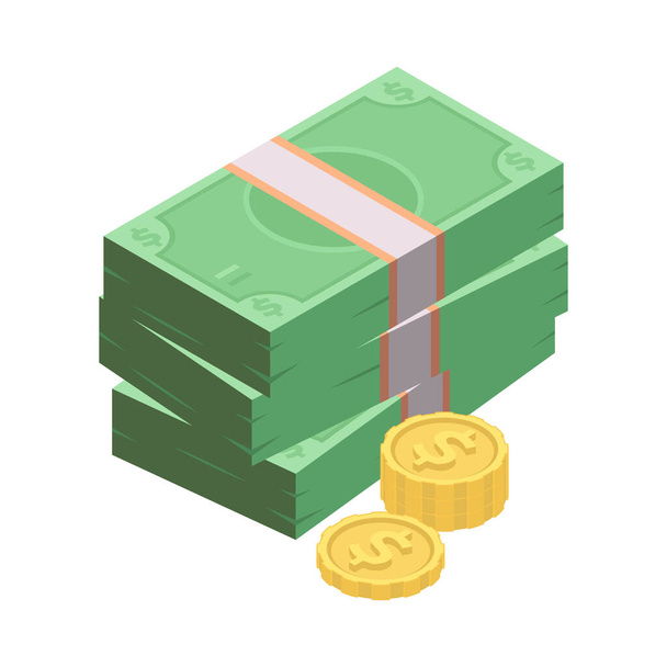 Geld isometrisches Symbol mit Stapeln von Banknoten und Münzen 3D-Vektorillustration - Vektor, Bild