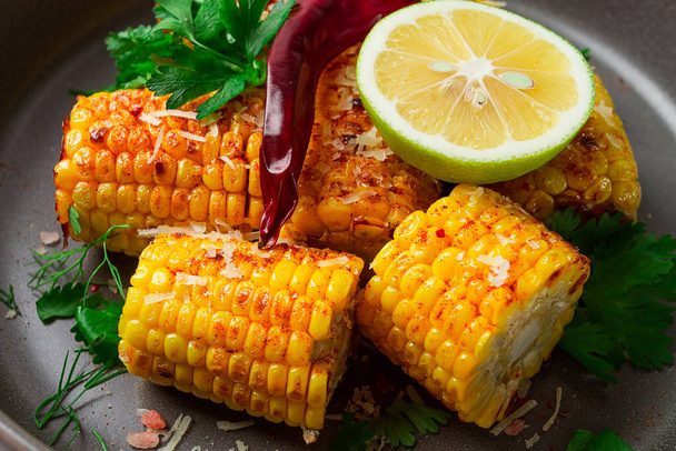grilled corn with spices, top view, no people, homemade, - Φωτογραφία, εικόνα