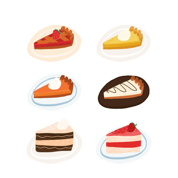 Πίτες, τάρτες και clipart κέικ διάνυσμα σετ. Ρετρό-style κομμάτι κολοκυθόπιτα, φράουλα, λεμόνι με merengue τάρτα και cheesecake σε ένα πιάτο. Παραδοσιακή Φθινοπωρινή αμερικανική ζαχαροπλαστική, εποχική κουζίνα. - Διάνυσμα, εικόνα