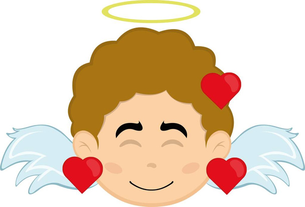ilustración vectorial de un niño ángel de dibujos animados con una expresión alegre, en el amor y rodeado de corazones - Vector, imagen