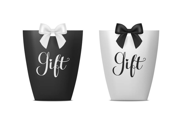 Thank You. Vector 3d Realistic Black and White Paper Gift Bag, Box for Birthday or Party with Gift Bow, Ribbon. Carry Bag for Present Icon Set Isolated on White Background. - Vector, afbeelding