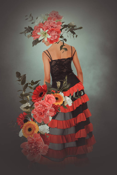 Abstract contemporary surreal art collage portrait of young woman with flowers - Foto, Bild