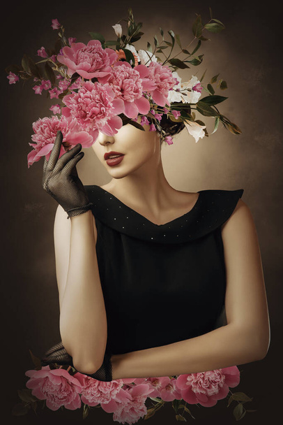 Abstract contemporary surreal art collage portrait of young woman with flowers - Photo, image