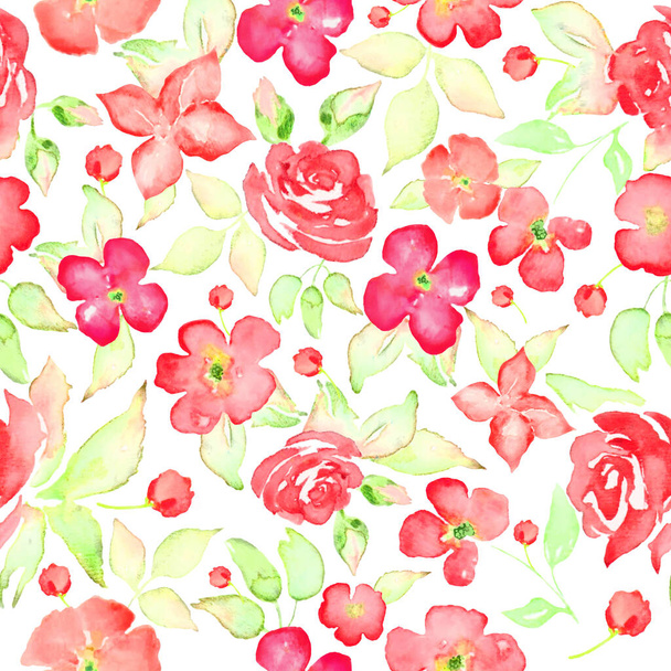 Υδατογραφία φωτεινό αδιάλειπτη μοτίβο με αφηρημένα κόκκινα λουλούδια, φύλλα, κλαδιά. Χειροποίητη floral απεικόνιση που απομονώνεται σε λευκό φόντο. Για συσκευασία, περιτύλιγμα ή εκτύπωση. - Φωτογραφία, εικόνα