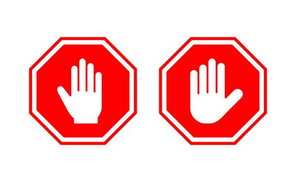 Webアプリとモバイルアプリのアイコンベクトルを停止します。道路標識を止めて。手を止めてサインとシンボルを。手で停止赤の標識を入力しないでください。 - ベクター画像