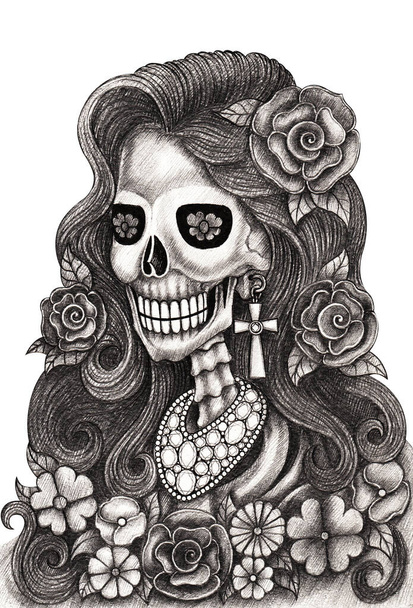 Art fashion model skull day of the dead. hand drawing on paper. - Photo, Image