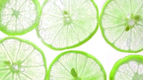 Jugosas rodajas de limón con burbujas bajo el agua aisladas sobre fondo blanco. Patrón de rodajas de cal verde fondo texturizado. - Metraje, vídeo
