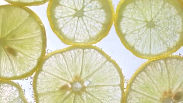Jugosas rodajas de limón con burbujas bajo el agua aisladas sobre fondo blanco. Patrón de rodajas de cal amarilla fondo texturizado. - Metraje, vídeo