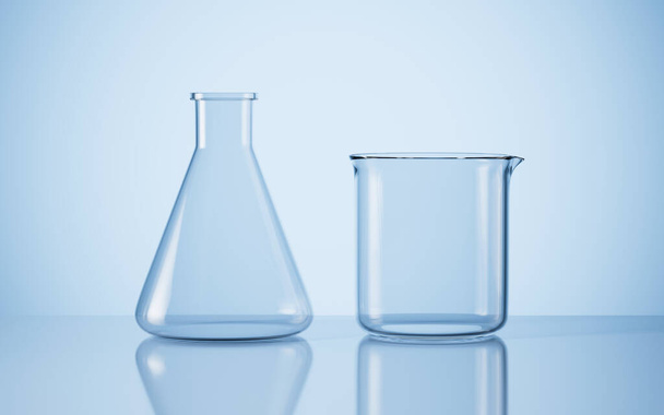Frasco cónico vacío y vaso de precipitados en el escritorio del laboratorio, renderizado en 3D. Dibujo digital. - Foto, imagen