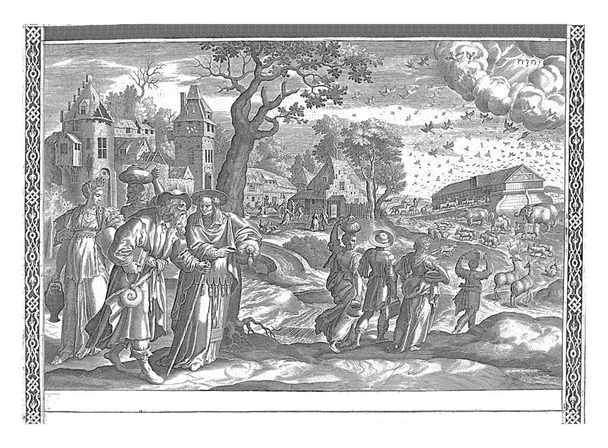 Noé bárkájának elfoglalása, Jan van Londerseel, 1601 - 1702 Noé és felesége, elhagyták az előteret, elsétáltak a Bárkához három fiukkal és menyeikkel.. - Fotó, kép