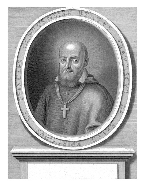 Porträt des heiligen Franz von Sales, mit einem Heiligenschein hinter seinem Kopf. Er war Bischof von Genf und Annecy und Kirchenlehrer. - Foto, Bild