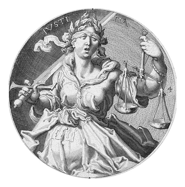 Justicia, disfrazada de mujer con los ojos vendados con escamas en la mano izquierda y una espada en la mano derecha. En la parte superior de la actuación la palabra 'IVSTITIA' (justicia). - Foto, Imagen