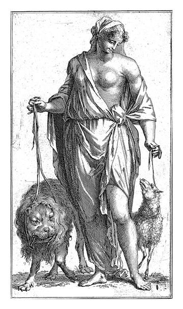 Une figure féminine en tant que Mediocrity personnifié avec un lion maîtrisé avec un peu en elle et un mouton sur une laisse. Imprimer à partir d'une série de 41 symboles. - Photo, image