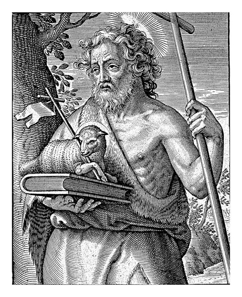 Jean-Baptiste, Antonie Wierix (II), 1565 - avant 1604 Jean-Baptiste près d'un arbre. D'une part il tient le bâton de la croix, d'autre part la Bible avec l'Agneau dessus. - Photo, image