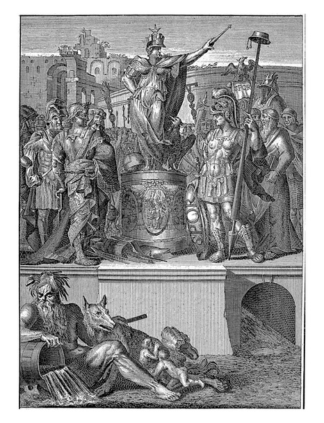 Sur un piédestal est la personnification de l'Empire romain avec aigle, orbe et couronne murale avec l'étoile de l'Italie. - Photo, image
