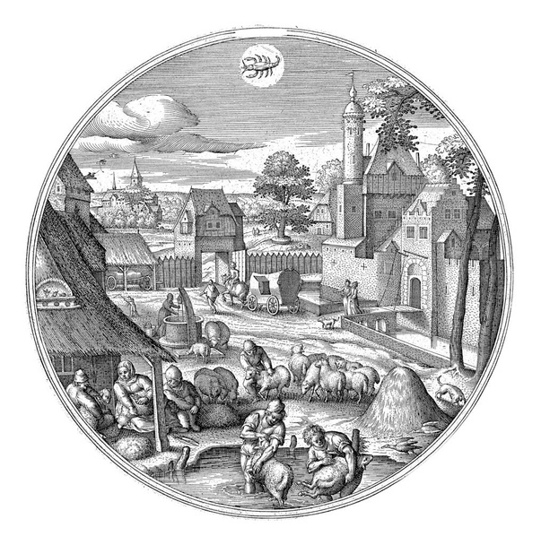 Juni, Adriaen Collaert, after Hans Bol, 1578 - 1582 Round frame with a cityscape with summer scenes. June is the shaving month. The focus is on washing and shearing the sheep and sorting their wool. - Photo, Image