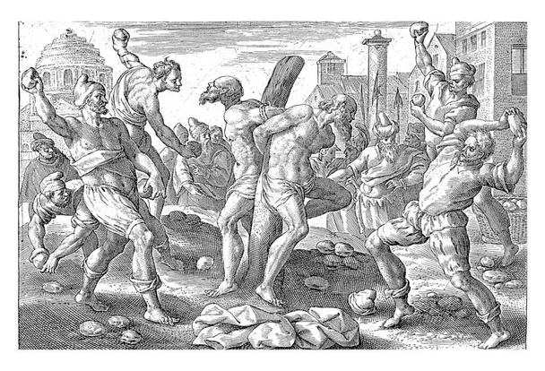 Vanhimpien kivittäminen, Crispijn van de Passe (I), Maerten de Vosin jälkeen, 1574-1637 Kaksi vanhinta sidotaan puuhun ja kivitetään neljällä teloittajalla. Marginaalissa kahden rivin otsikko latinaksi. - Valokuva, kuva