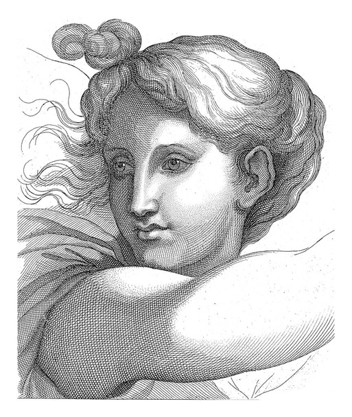 Studie van het hoofd van een vrouw, driekwart naar links. Ze strekt haar rechterarm uit voor haar neus.. - Foto, afbeelding