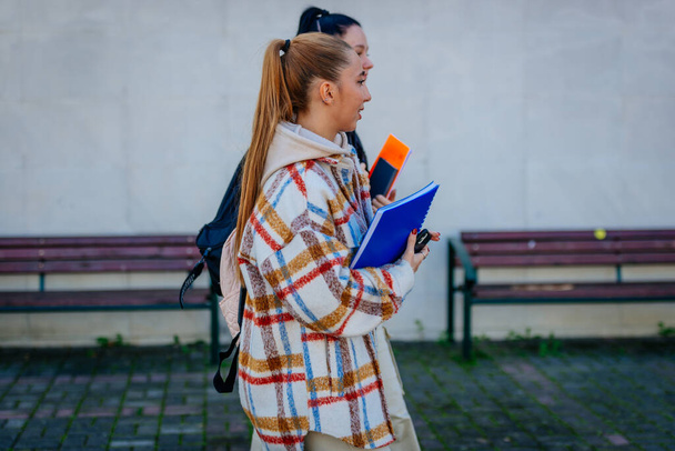 Eine attraktive Schulfreundin geht auf dem Schulhof spazieren und unterhält sich - Foto, Bild