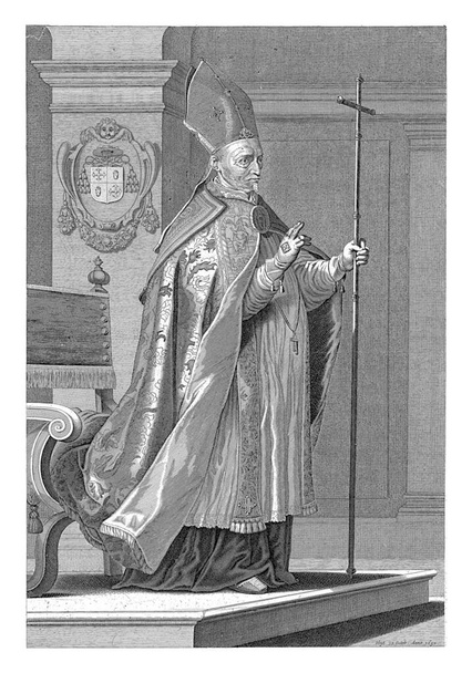 Ganzkörperporträt des Erzbischofs von Utrecht Philip van Rouveen. Rouveen hält ein Kreuz in der Hand und macht eine Geste des Segens. Er trägt das Gewand eines Bischofs. - Foto, Bild