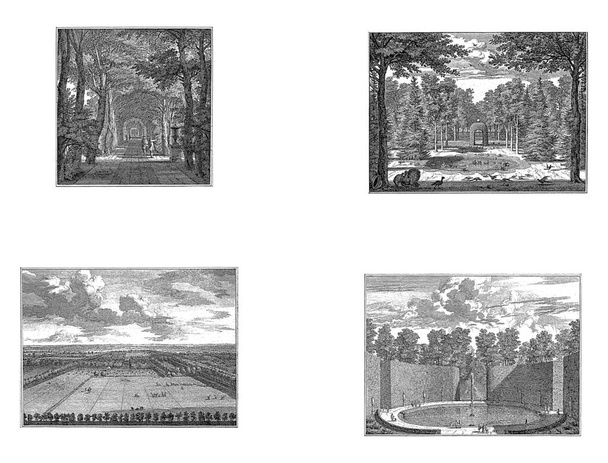 Overdekt pad naar de ingang / Uitzicht op het park / Eendenvijver / Grote vijver, Isaac de Moucheron, 1706 - 1719 Vier voorstellingen. Links boven: een met bomen begroeid pad op het landgoed van Kasteel Heemstede. - Foto, afbeelding