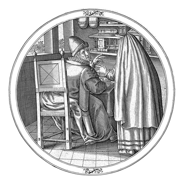 Мужья за счетами, анонимные, 1550 - 1610 Человек работает за столом, чтобы обновить книги с записями и расходами. С ним его жена. Он говорит ей, что здесь нечего желать.. - Фото, изображение