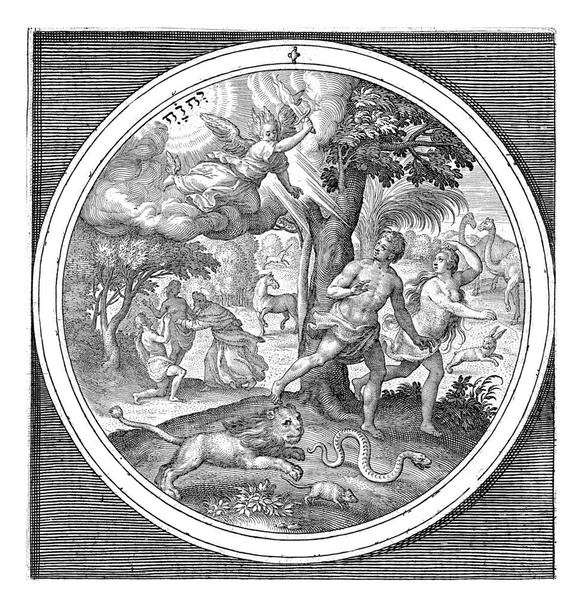Expulsion du Paradis, Nicolaes de Bruyn, d'après Maerten de Vos, 1581 - 1656 Adam et Ève sont chassés du paradis par un ange avec une épée flamboyante. - Photo, image