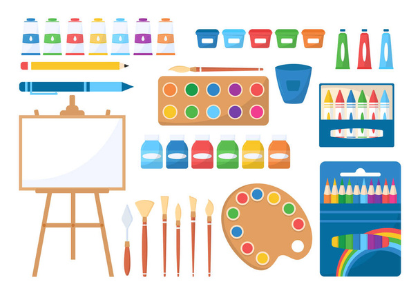 Art Shop με είδη ζωγραφικής Αξεσουάρ καταστημάτων και εργαλεία για Σχέδιο, Καλλιτέχνες και Σχεδιαστές σε επίπεδο χέρι κινουμένων σχεδίων Σχεδιασμένο πρότυπο Εικονογράφηση - Διάνυσμα, εικόνα