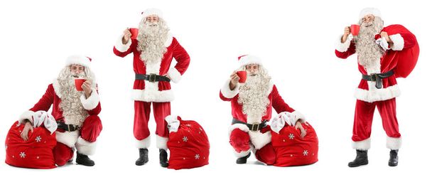 Set of Santa Clauses with bags and hot chocolate isolated on white - Фото, зображення