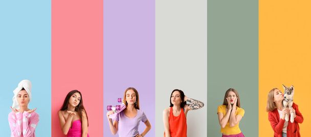 Collage de mujeres jóvenes enviando besos al aire sobre fondo de color - Foto, Imagen
