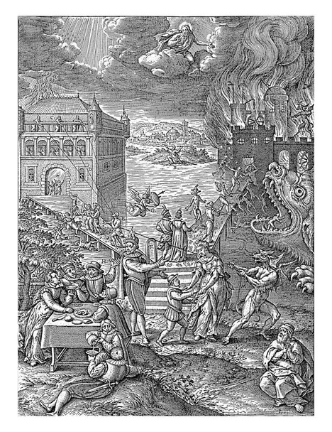 Broad and the Narrow Road, Hieronymus Wierix, 1563 - antes de 1619 En primer plano una fiesta celebrando en una mesa (izquierda) y un hombre de oración (derecha). - Foto, imagen