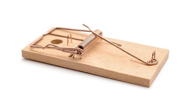 Empty wooden mousetrap on white background - Photo, Image