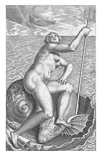 水ニンフ・ガラテア,フィリップス・ガレ, 1587水ニンフ・ガラテア,シェルに座って.印刷は、ストリームと水のニンフに関する17部のシリーズの一部です。. - 写真・画像