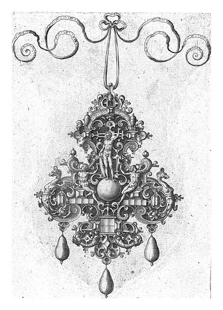 Man standing on sphere with a seated man on either side. no. 2 from a series of 10 sheets with fronts of hangers. Gemstones in settings of grotesques and scrolls. - Photo, Image