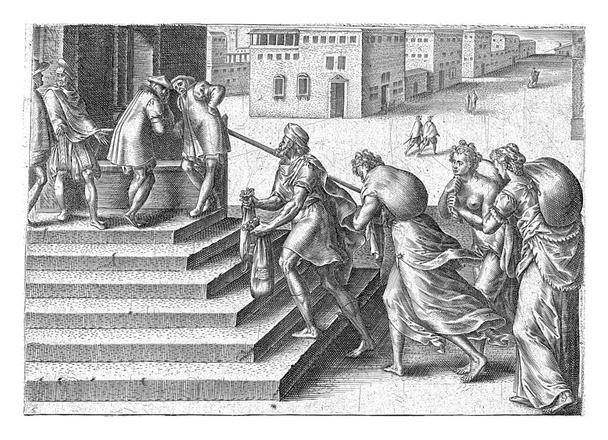 Un plaideur monte un escalier avec deux caisses dans ses mains et derrière lui trois femmes portant des sacs avec les inscriptions "Shamelessness", "Patience" et "Money" en latin. - Photo, image