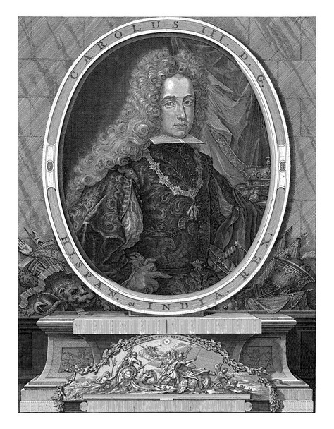 チャールズ6世、ドイツ皇帝、またはチャールズ3世の肖像、スペイン王、楕円形の半長さ、彼の側面と首の周りに黄金のフリースの注文の記号とネックレス. - 写真・画像